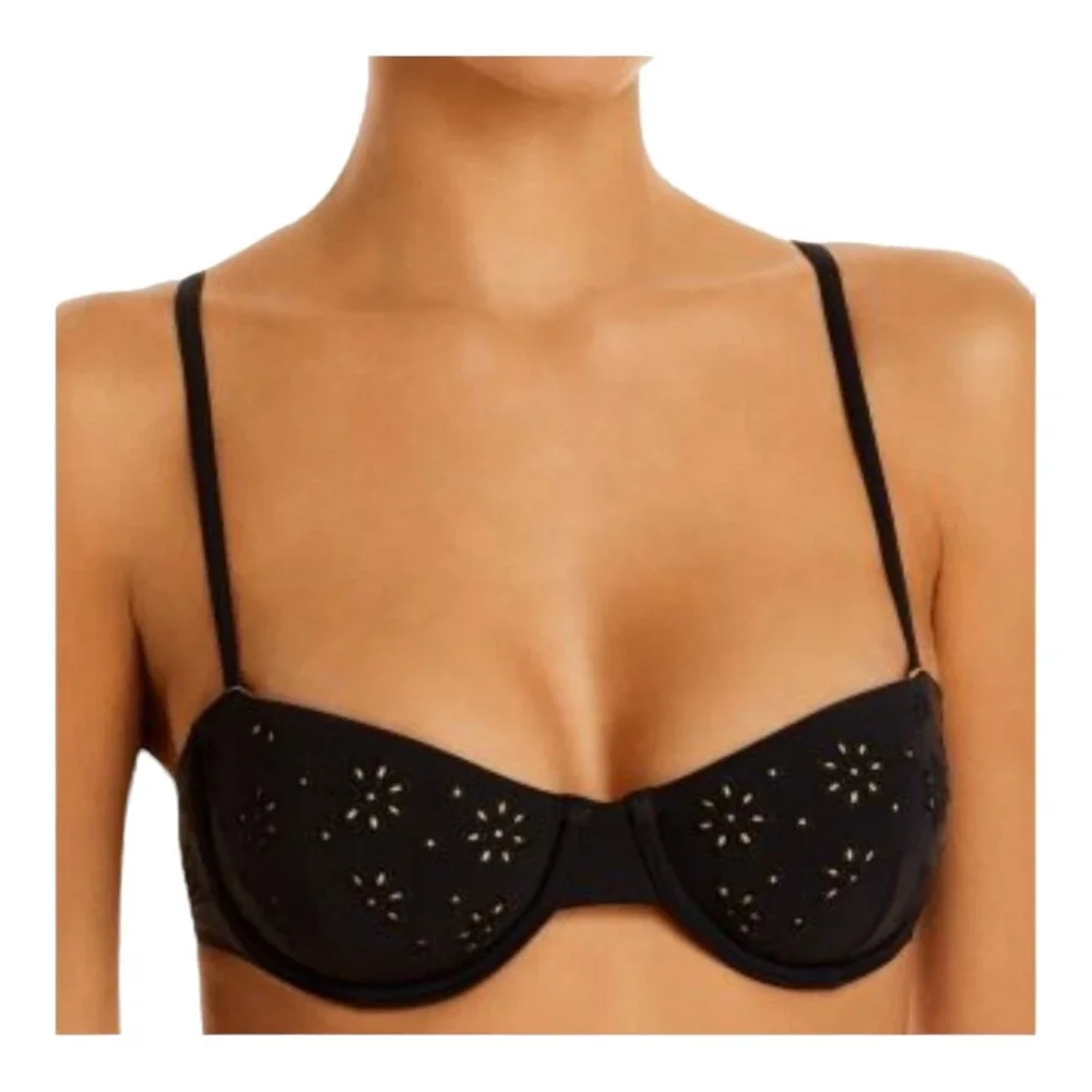 NWT Tory Burch L Broderie Anglaise Underwire Bikini Top Black Gold Eyelet Swim